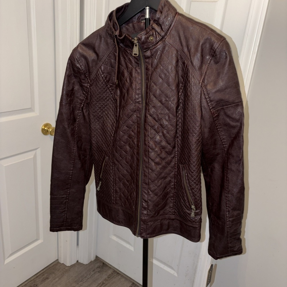 GUESS Los Angeles Women's Faux Leather Moto Jacket Dark Brown Size XL NWT Chic